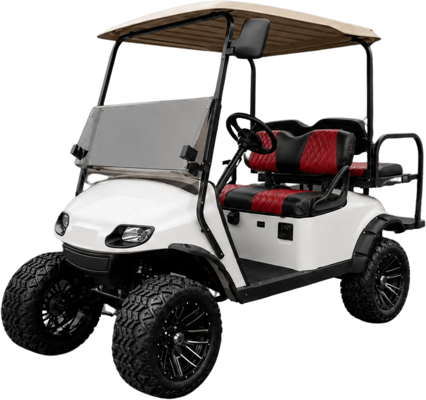 A white lifted four-passenger golf cart with red diamond-stitch seats