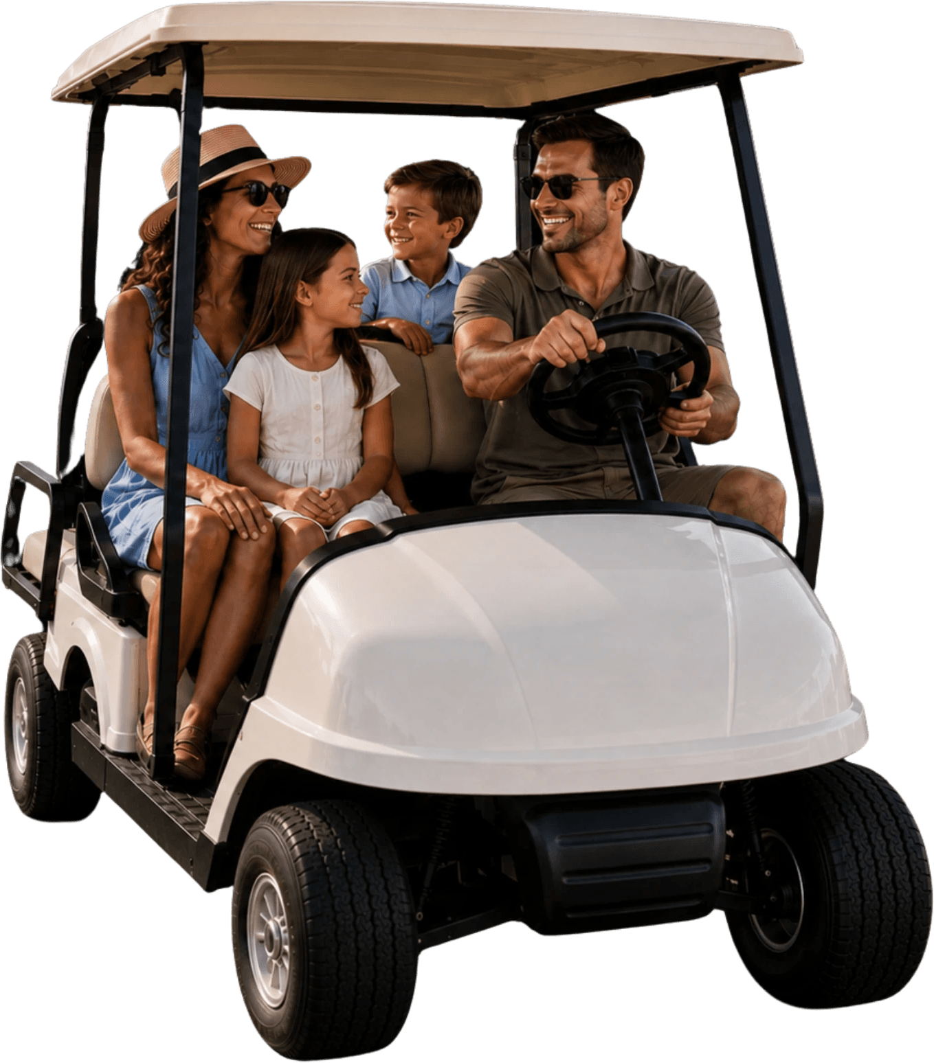 A family of four smiling as they ride together in their white golf cart